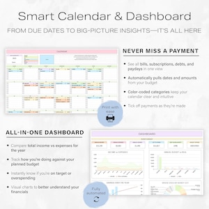 May include: A digital smart calendar and dashboard. The calendar displays a monthly view with colour-coded categories. The dashboard shows income, expenses, and budget summaries with charts. Text includes "Smart Calendar & Dashboard".
