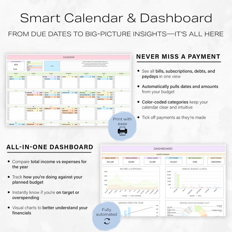 May include: A digital smart calendar and dashboard. The calendar displays a monthly view with colour-coded categories. The dashboard shows income, expenses, and budget summaries with charts. Text includes "Smart Calendar & Dashboard".