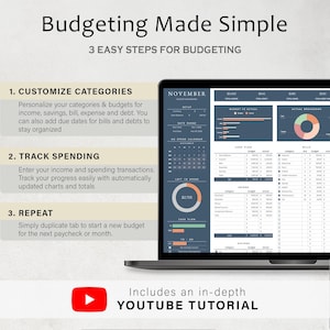 May include: A laptop screen displays a budgeting dashboard with charts and tables. The text "Budgeting Made Simple" and "3 Easy Steps for Budgeting" are at the top. The steps are "Customize Categories", "Track Spending", and "Repeat". Includes a YouTube tutorial.