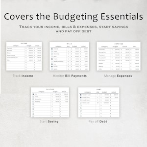 May include: A budgeting essentials guide with the text "Covers the Budgeting Essentials" and "Track Your Income, Bills & Expenses, Start Savings and Pay Off Debt." The image shows income, bills, expenses, savings, and debt tracking sections.