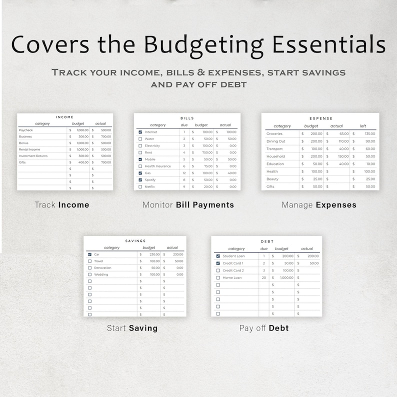 May include: A budgeting essentials guide with the text "Covers the Budgeting Essentials" and "Track Your Income, Bills & Expenses, Start Savings and Pay Off Debt." The image shows income, bills, expenses, savings, and debt tracking sections.
