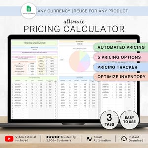 May include: A laptop screen showing a spreadsheet labelled "ultimate PRICING CALCULATOR." The display features data tables, a pie chart, and text such as "Automated Pricing" and "5 Pricing Options." Additional text includes "Video Tutorial Included" and "Instant Download."