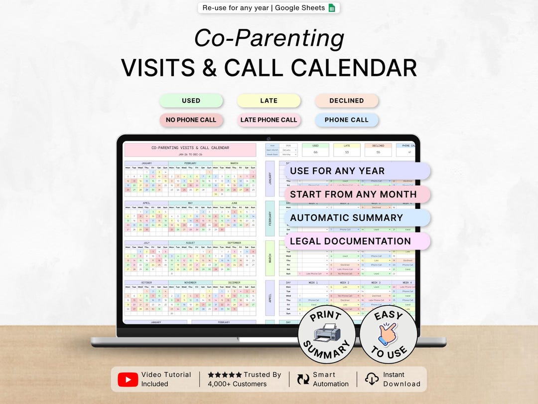Parenting Time Documentation Calendar Custody Compliance Tracker for Co ...