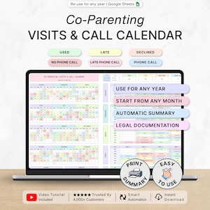 May include: A laptop displays a co-parenting calendar with color-coded sections for visits and calls. The screen shows a calendar with options for use any year, start from any month, automatic summary, and legal documentation. Text includes "Co-Parenting VISITS & CALL CALENDAR."
