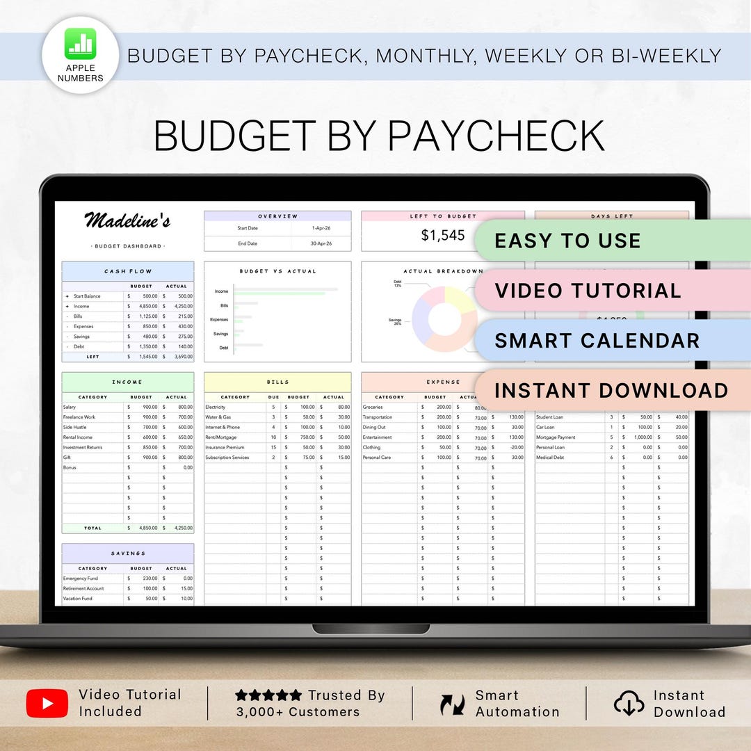 Apple Numbers Budget by Paycheck Planner Monthly Budget Tracker ...