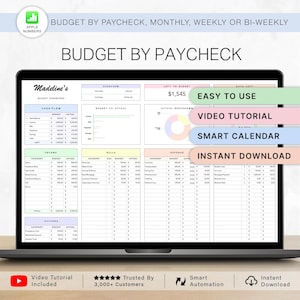 May include: A laptop screen displaying a budget template with the text "Budget by Paycheck." The spreadsheet includes sections for income, bills, and expenses. Features include a video tutorial, smart calendar, and instant download.