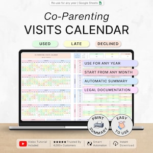 May include: A laptop screen shows a "Co-Parenting VISITS CALENDAR" spreadsheet. The calendar has options for "USED", "LATE", and "DECLINED" visits. Features include "USE FOR ANY YEAR", "START FROM ANY MONTH", and "AUTOMATIC SUMMARY".