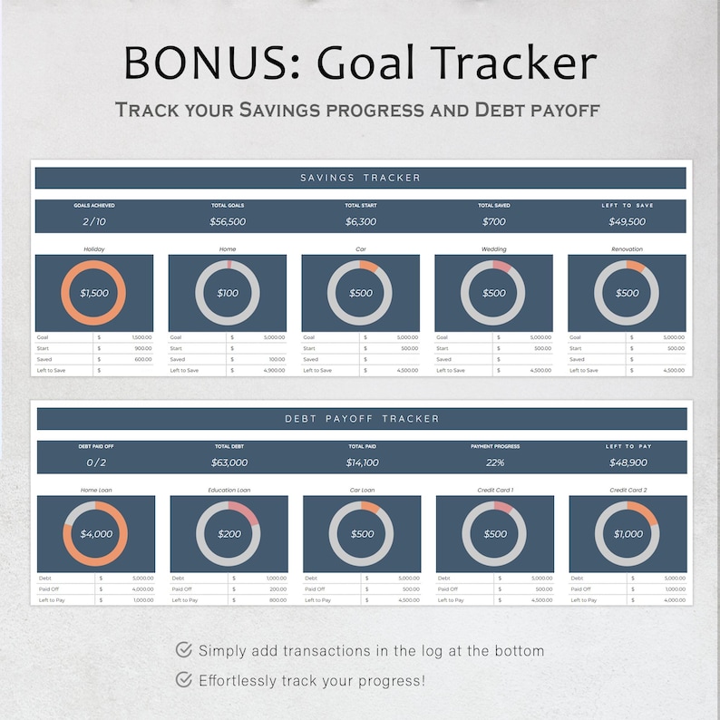 May include: A digital goal tracker with sections for savings and debt payoff. The top section is labeled "Savings Tracker" and the bottom section is labeled "Debt Payoff Tracker". The text "BONUS: Goal Tracker" is at the top.