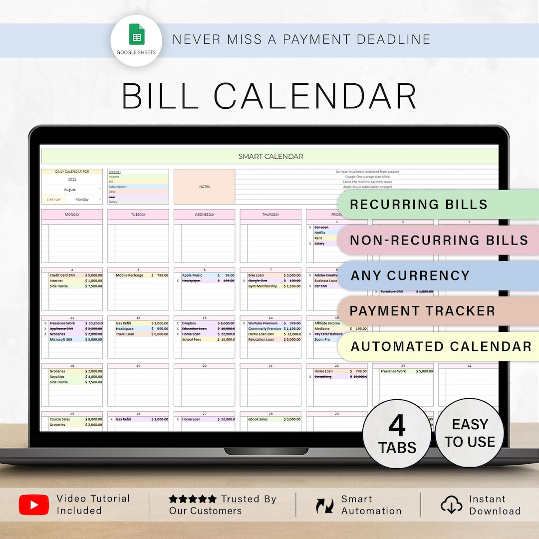 Smart Bill Tracker Spreadsheet Bill Calendar Template Monthly Bill ...