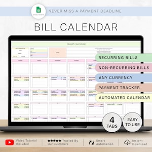Puede incluir: Una pantalla de portátil que muestra una plantilla de calendario de facturas digital. El calendario está organizado con secciones para facturas recurrentes y no recurrentes, cualquier moneda y seguimiento de pagos. El texto incluye "Bill Calendar", "Smart Calendar".