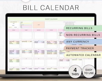 Hoja de cálculo inteligente para el seguimiento de facturas, plantilla de calendario de facturas, planificador mensual de facturas, seguimiento de pagos de facturas, organizador de facturas de suscripción, Hojas de cálculo de Google