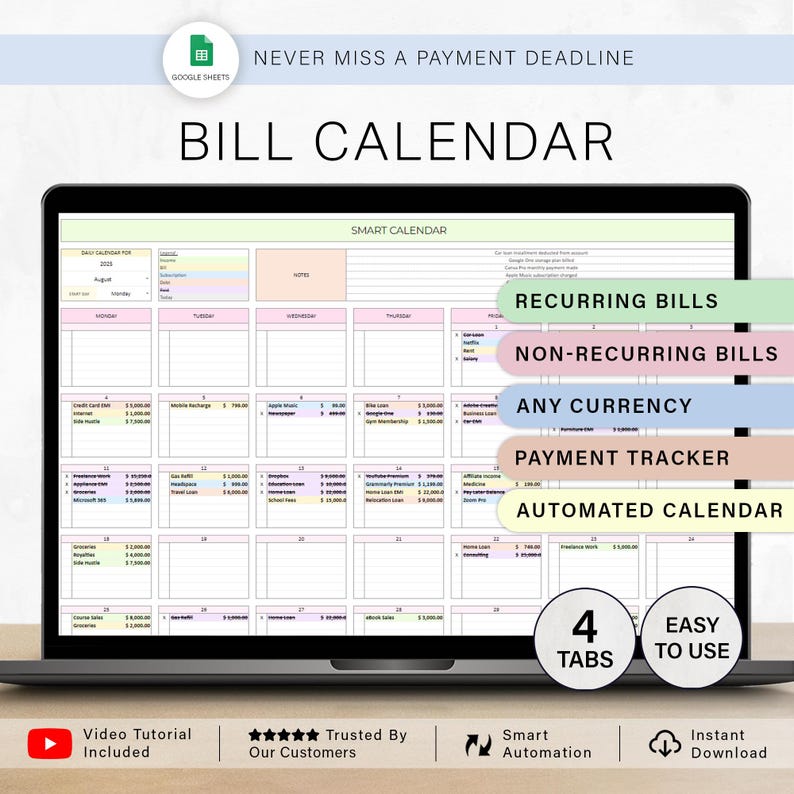 May include: A laptop screen displaying a digital bill calendar template. The calendar is organized with sections for recurring and non-recurring bills, any currency, and payment tracking. Text includes "Bill Calendar", "Smart Calendar", and "Automated Calendar".