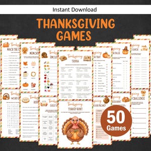 Può includere: Una collezione di giochi di Thanksgiving stampabili con bordi a tema autunnale in arancione e marrone. I fogli includono titoli come Thanksgiving Trivia, Turkey Hunt e Word Scramble, con un grande cerchio marrone che indica 50 Games.
