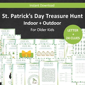 Può includere: Un gioco di caccia al tesoro per la festa di San Patrizio per bambini più grandi. Il gioco include 24 indizi, con attività indoor e outdoor. Il design presenta carte verdi e bianche con vari enigmi e istruzioni.