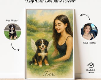 Personalized Memorial Pet Portrait With Owner , Pet Loss Memorial Portrait, Halo Pet Loss Dog, Dog Mom Gift ,Dog Loss Drawing, Pet memorial