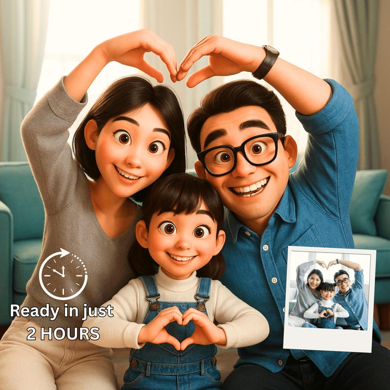 May include: A family of three, a mom, dad, and daughter, are making heart shapes with their hands. The family is smiling and looking at the camera. The image includes a clock icon with the text "Ready in just 2 HOURS".