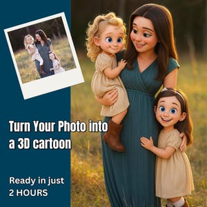 May include: A digital illustration of a woman with long brown hair holding a young girl with blonde hair. The woman is wearing a teal dress and the girl is wearing a beige dress. A second young girl with brown hair is standing next to the woman. She is wearing a beige dress. The background is a blurred image of a forest.
