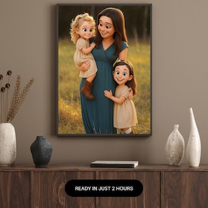 May include: A cartoon illustration of a mother and her two daughters. The mother is wearing a teal dress and holding her youngest daughter in her arms. The youngest daughter is wearing a beige dress and brown boots. The oldest daughter is wearing a beige dress and is standing next to her mother. The background is a field of grass.