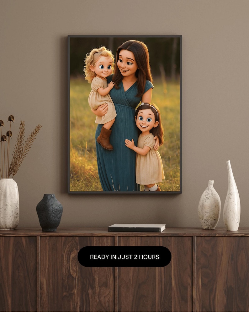 May include: A cartoon illustration of a mother and her two daughters. The mother is wearing a teal dress and holding her youngest daughter in her arms. The youngest daughter is wearing a beige dress and brown boots. The oldest daughter is wearing a beige dress and is standing next to her mother. The background is a field of grass.