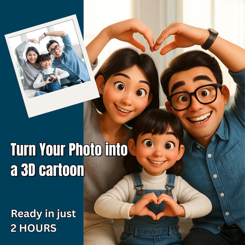 May include: A cartoon family of three, a mom, dad, and child, are making a heart shape with their hands. The family is smiling and looking at the camera. The image is a digital illustration of a family portrait.