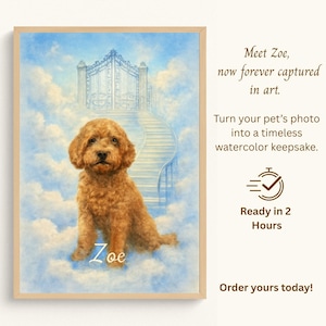 Retrato de mascota celestial, pintura conmemorativa personalizada en acuarela, arte de puente arcoíris con halo, alas, puerta y escaleras, regalo para la pérdida de una mascota.