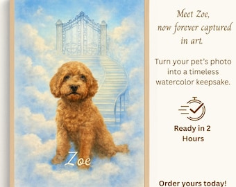 Heavenly Pet Portrait Custom Watercolor Memorial painting, Rainbow Bridge Art with halo, wings, Gate and Stairs, Pet Loss Gift