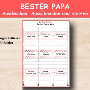Puede incluir: Una tarjeta imprimible con el texto "BESTER PAPA" en rojo, dise&ntilde;ada para el D&iacute;a del Padre. La tarjeta presenta mensajes preescritos como "Siempre tienes las mejores ideas" y "Me motivas". Incluye l&iacute;neas de corte.