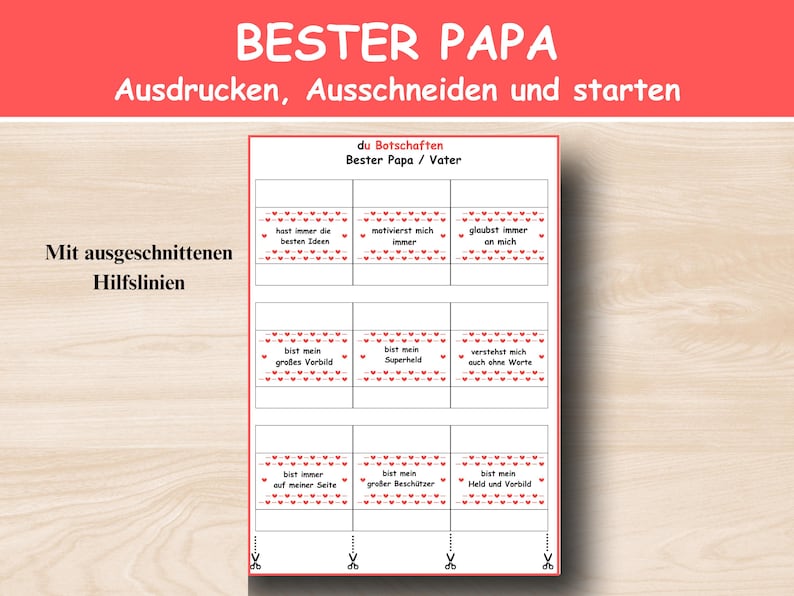 Puede incluir: Una tarjeta imprimible con el texto "BESTER PAPA" en rojo, dise&ntilde;ada para el D&iacute;a del Padre. La tarjeta presenta mensajes preescritos como "Siempre tienes las mejores ideas" y "Me motivas". Incluye l&iacute;neas de corte.