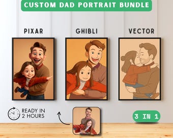 Personalized Dad Portrait Bundle 3 Styles: Pixar, Ghibli, Vector, Custom Father's Day Gift, Unique Wall Art, Keepsake from Photo, dad Gift