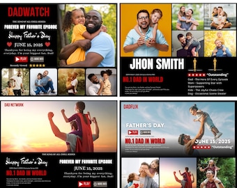 Paquete de 4 plantillas Canva para el Día del Padre de Dadflix, plantilla para el Día del Padre, collage de fotos de la película Dadflix, regalo para el abuelo, regalo para el Día del Padre