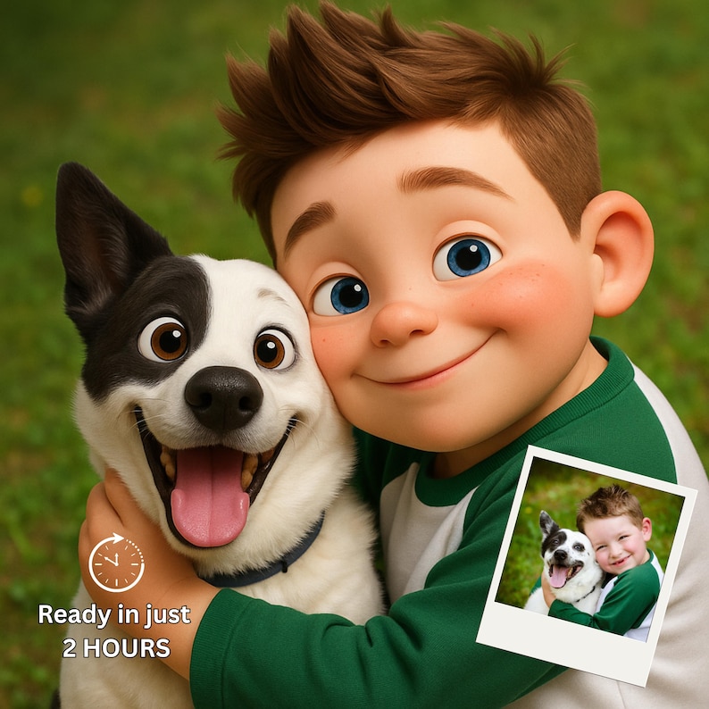 May include: A boy with brown hair and blue eyes smiles while hugging a black and white dog. The dog has a pink tongue sticking out. A photo of the boy and dog hugging is in the lower right corner of the image. The text "Ready in just 2 HOURS" is in the lower left corner of the image.