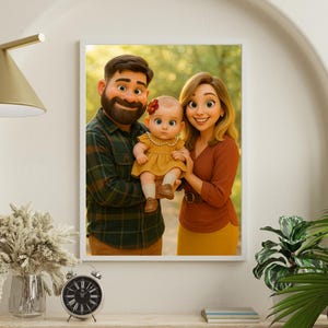 May include: A cartoon illustration of a family portrait with a man, woman, and baby. The man is wearing a plaid shirt and has a beard. The woman is wearing a brown shirt and a skirt. The baby is wearing a yellow dress and a red flower in her hair.