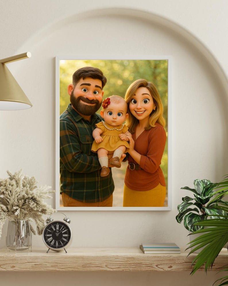 May include: A cartoon illustration of a family portrait with a man, woman, and baby. The man is wearing a plaid shirt and has a beard. The woman is wearing a brown shirt and a skirt. The baby is wearing a yellow dress and a red flower in her hair.