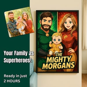 Personalized Comic Superhero Family Portrait , Unique Comic Book Superhero Family Wall Art Gift Idea , Family Gift , Digital Image Download