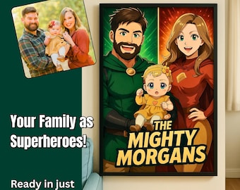 Personalized Comic Superhero Family Portrait , Unique Comic Book Superhero Family Wall Art Gift Idea , Family Gift , Digital Image Download