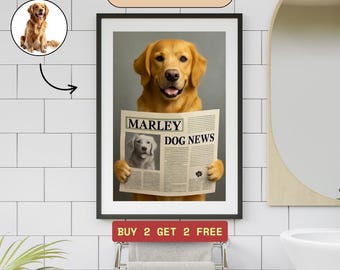 Custom Pet Portrait from Photo , Funny Dog Bathroom Art , Pet in Bathtub or Toilet , Dog Reading Newspaper , Personalized Pet Wall Decor