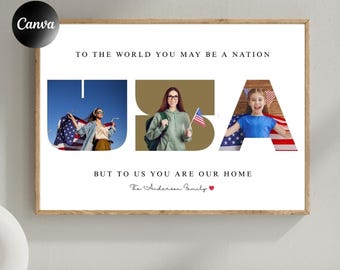 Editable USA 4th July Canva templates, Personalized July 4 Gift Custom American Photo Print , Printable Gift for USA Letters Photo Frame