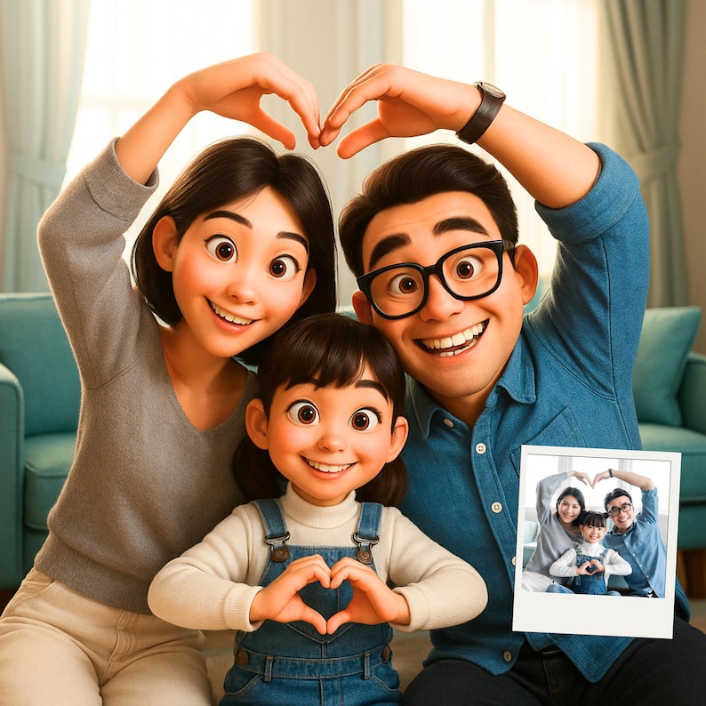 May include: A family of three, a mom, dad, and daughter, are making heart shapes with their hands while smiling at the camera. A smaller photo of the family is in the bottom right corner of the image.