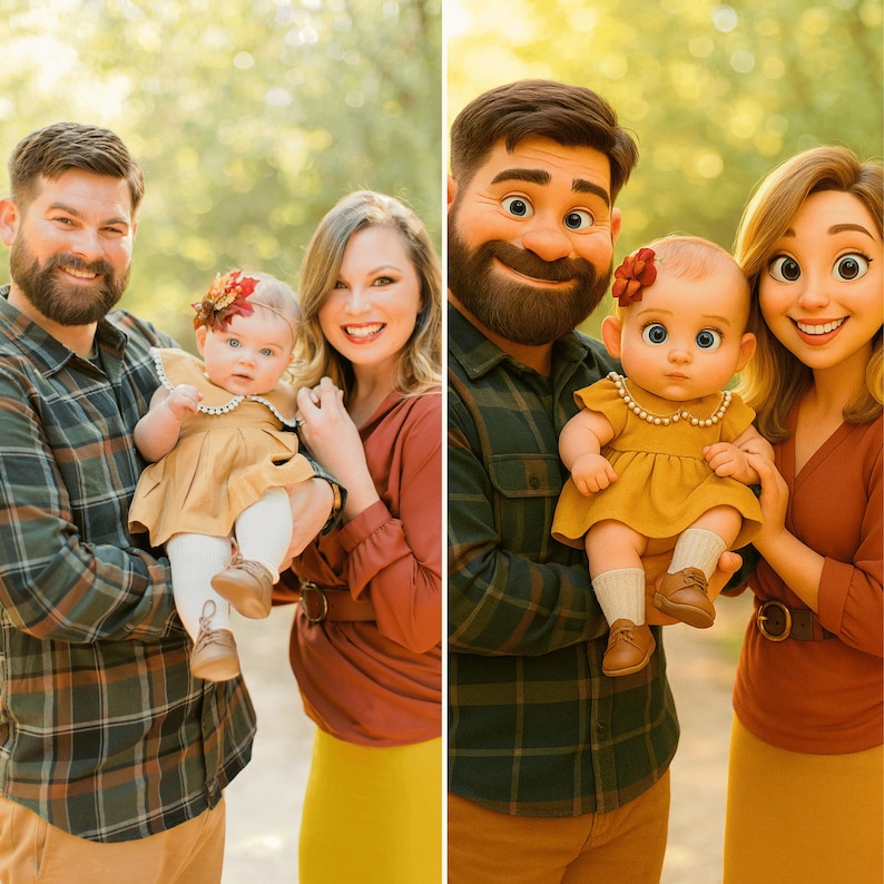 May include: A family portrait with a cartoon style effect. A man and woman are holding a baby in a yellow dress with a red flower headband. The man is wearing a green and black plaid shirt and the woman is wearing a red and yellow outfit. The background is a blurred image of trees.