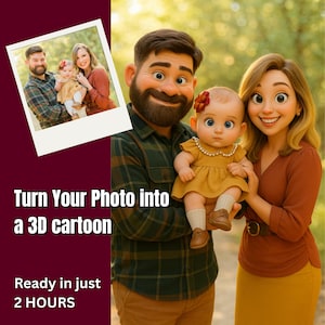 May include: A cartoon illustration of a family with a father, mother, and a little girl. The father is wearing a plaid shirt and the mother is wearing a brown dress. The little girl is wearing a yellow dress with a flower in her hair. The family is standing in a green forest setting.