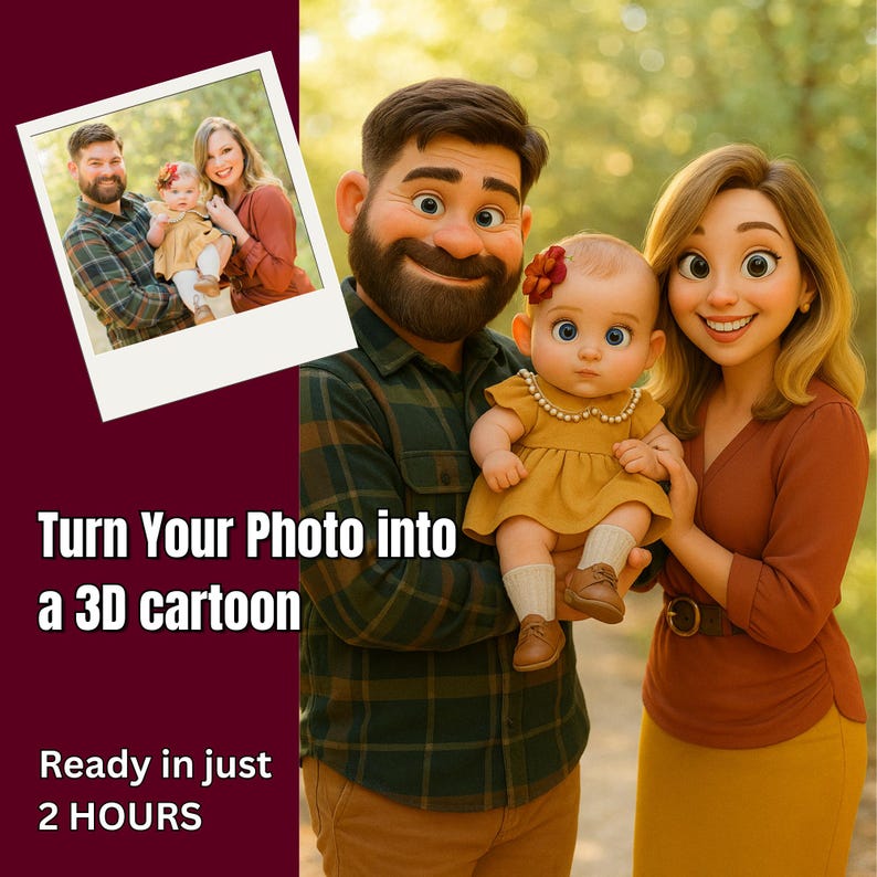 May include: A cartoon illustration of a family with a father, mother, and a little girl. The father is wearing a plaid shirt and the mother is wearing a brown dress. The little girl is wearing a yellow dress with a flower in her hair. The family is standing in a green forest setting.