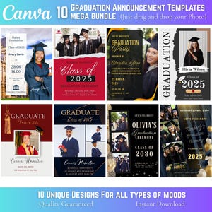 Op de afbeelding: Een Canva mega-bundel met 10 sjablonen voor afstudeeraankondigingen. De ontwerpen bevatten foto's van afgestudeerden, evenementdetails en feestelijke graphics. De sjablonen zijn direct te downloaden en geschikt voor verschillende stemmingen.