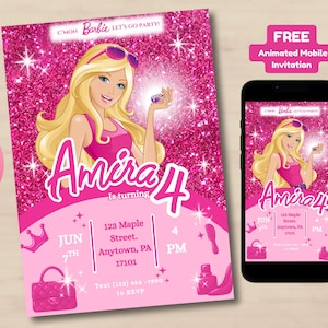 Modelo de convite de aniversário da Barbie | Convite para festa com glitter rosa para meninas | Modelo editável do Canva | Download digital + versão móvel gratuita