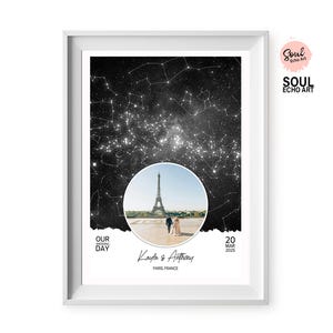 Minimalistische Paar Collage Kunst mit Foto, Sternenkarte & Ortskarte; Jubiläumsgeschenk für Paar, Frau, Mann; Andenken an Hochzeit und Verlobung