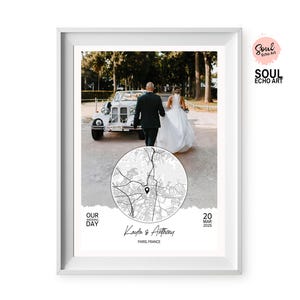 Modern Couple Collage Art Gift with Photo, Star Map & Location Map; Minimalist Wedding, Engagement Memory Art; Gift for Bride, Groom, Couple