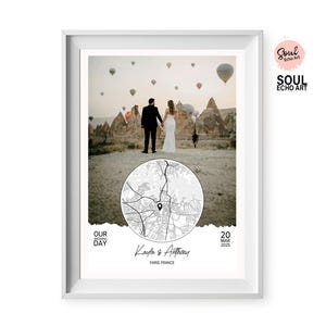 Cadeau artistique de collage de couple moderne avec photo, carte des étoiles et carte de localisation ; Mariage minimaliste, art du souvenir de fiançailles ; Cadeau pour la mariée, le marié, le couple