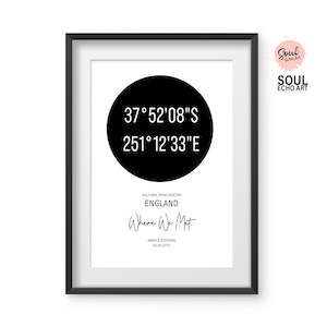Personalisierte Karte Koordinatenkunst - Der spezielle Ort des Paares, an dem Sie sich getroffen haben, sich verlobt haben oder geheiratet haben. Minimalistisches Geschenk für Sie, Ihn