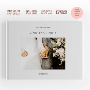 Regalo premium de álbum de fotos para parejas / Plantilla de Canva DIY con mapa de lugares, mapa de estrellas y letras de canciones / Servicio de diseño e impresión de álbumes de fotos personalizados