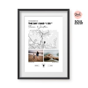 Collage personnalisé de photos et de cartes pour un cadeau de mariage pour couple ; Fiançailles personnalisées, proposition, art photo premier rendez-vous ; Souvenir de couple minimaliste
