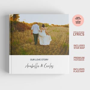 Fotolibro de historia de amor personalizado / Libro premium con mapa de lugares, mapa estelar, canción de pareja, código QR, notas / Plantilla Canva DIY y diseño personalizado